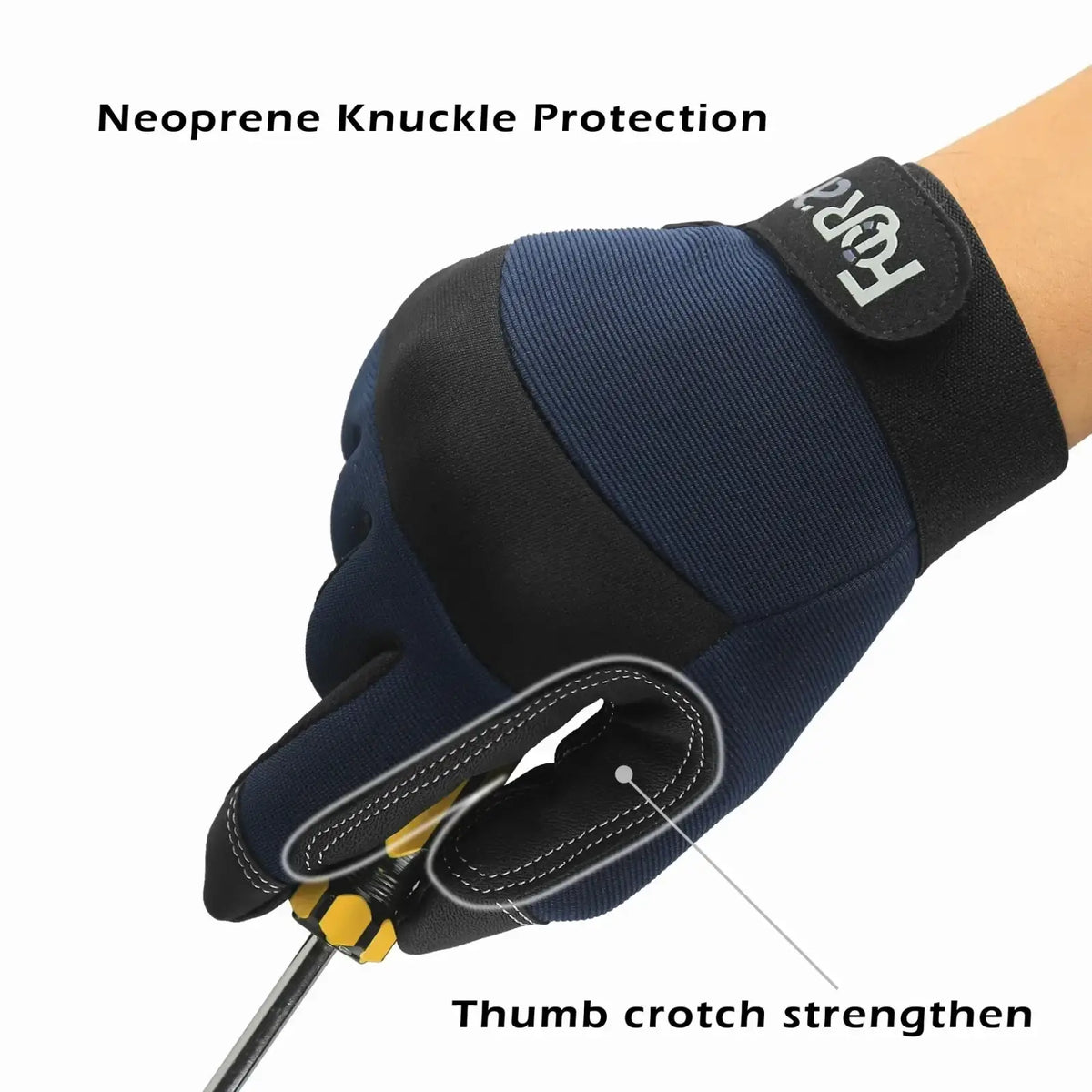 Blue and black neoprene high dexterity touch screen work glove showing back with reinforced thumb and knuckle protection