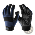 Navy blue and black high dexterity touch screen work gloves with reinforced leather palms and adjustable wrist straps