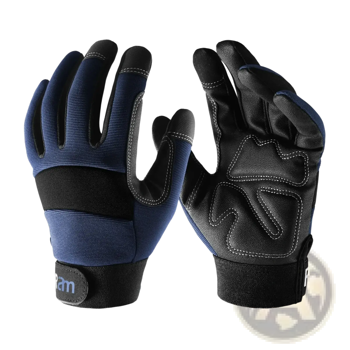 Navy blue and black high dexterity touch screen work gloves with reinforced leather palms and adjustable wrist straps