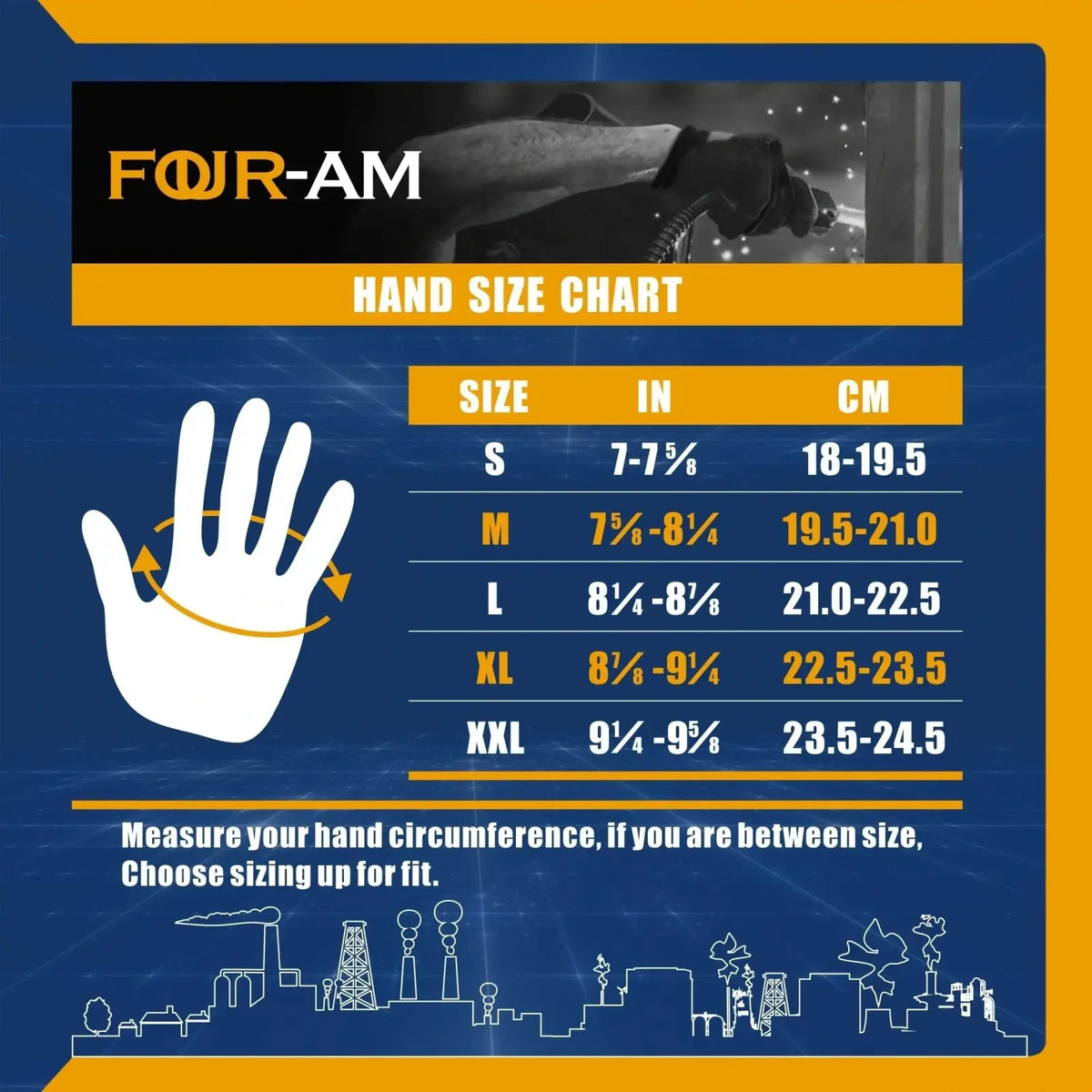 High dexterity touch screen work gloves sizing chart with white palm illustration in inches and centimeters