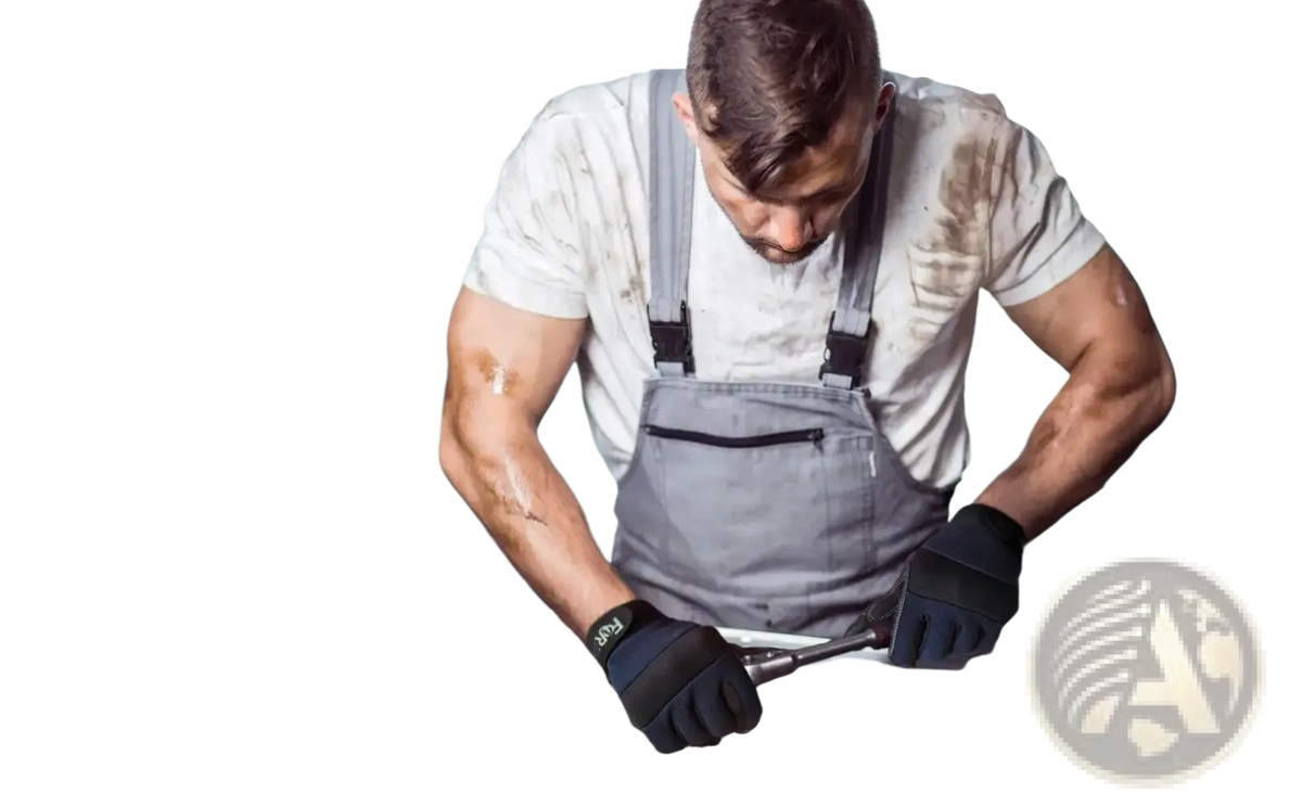 A mechanic wearing black high dexterity touch screen work gloves in gray overalls working on a car engine
