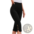 Black high elastic cotton capri pants plus size with three wooden buttons on the side seam front view