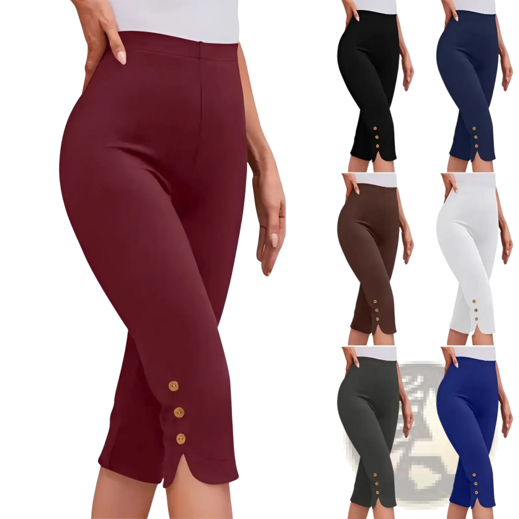 Maroon high elastic cotton capri pants with gold-tone buttons down the side seam plus size design