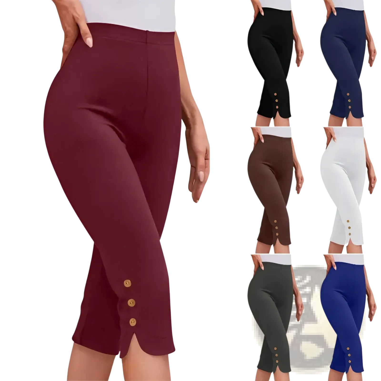 Maroon high elastic cotton capri pants with gold-tone buttons down the side seam plus size design