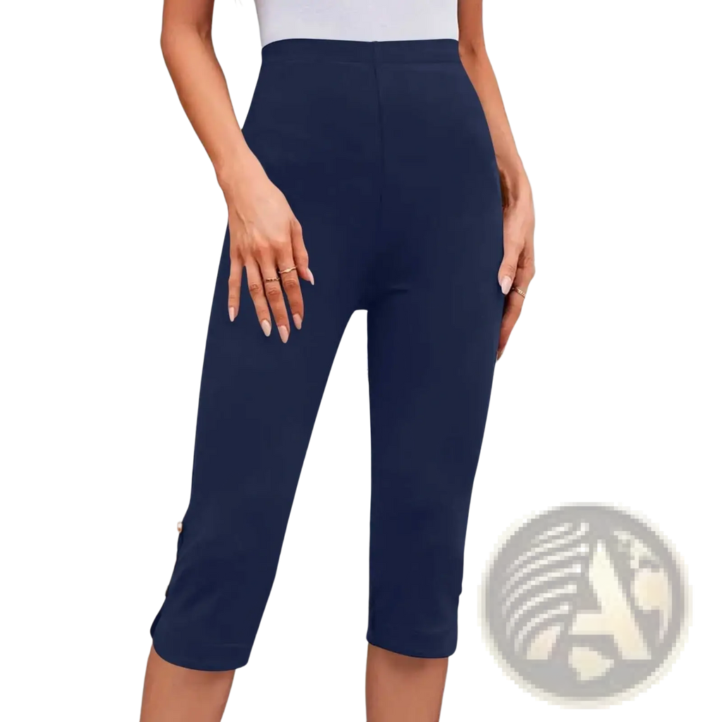 Navy blue high elastic cotton capri pants with a smooth stretchy fabric and subtle side seam detailing in plus size