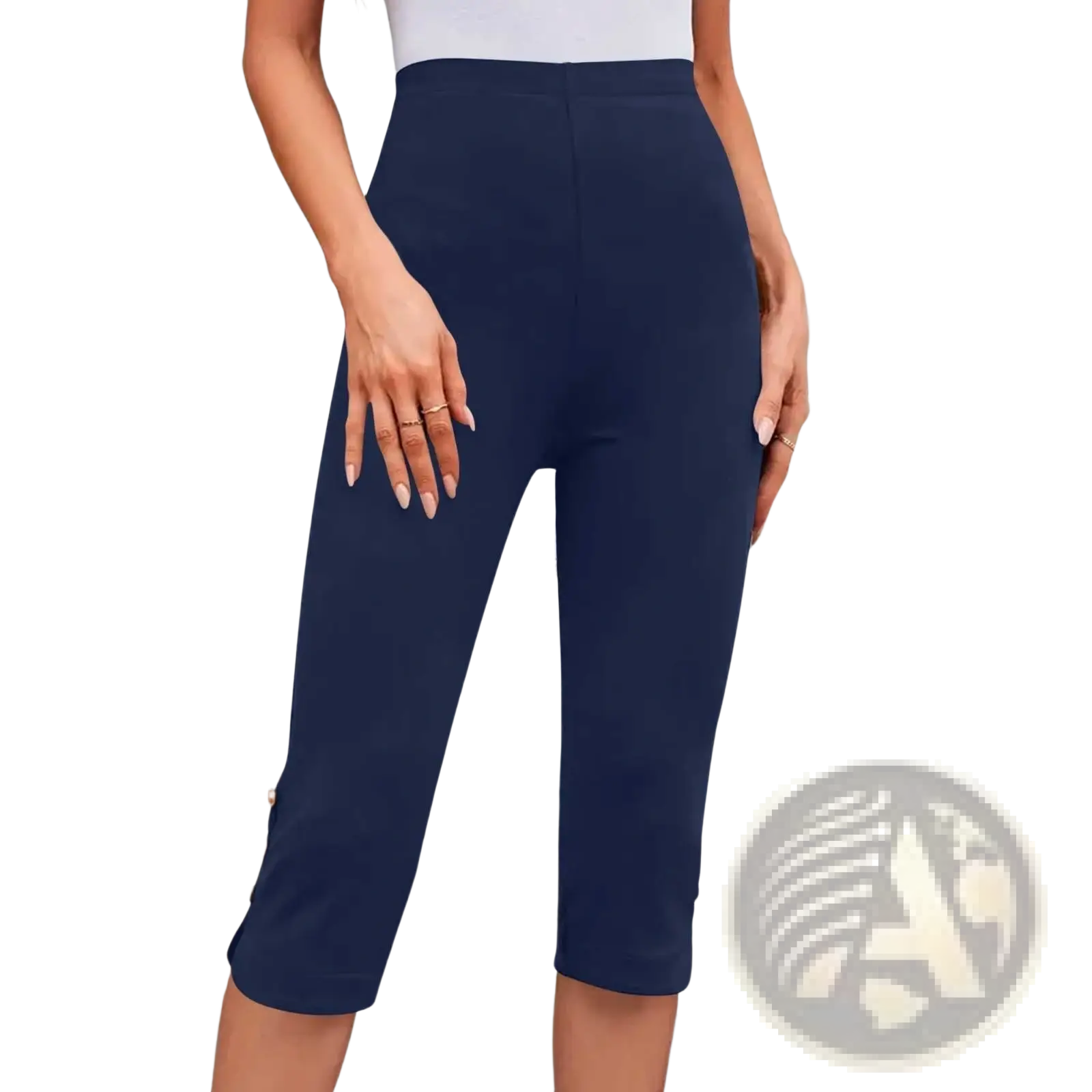 Navy blue high elastic cotton capri pants with a smooth stretchy fabric and subtle side seam detailing in plus size