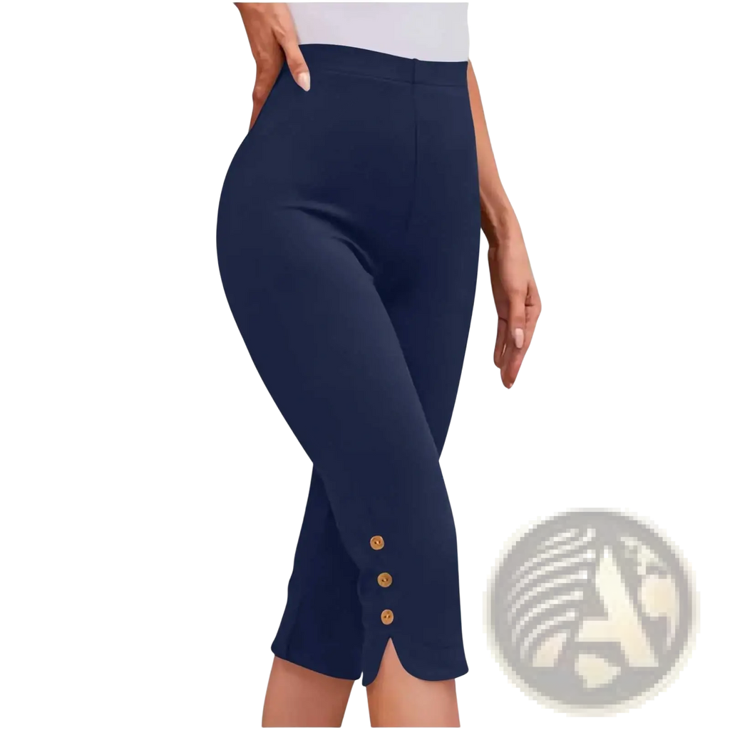 Navy blue high elastic cotton capri pants plus size with three wooden buttons at side slit detail