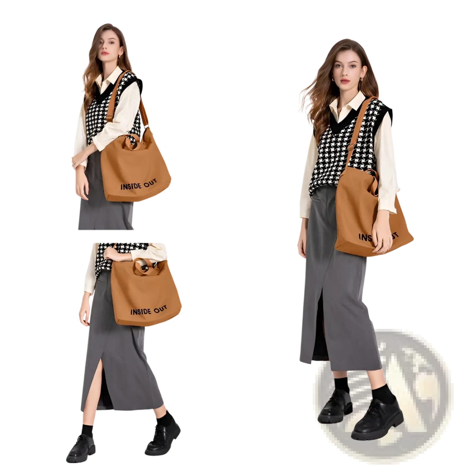 Tan canvas tote bag with high end large capacity black inside out lettering and wooden ring handles