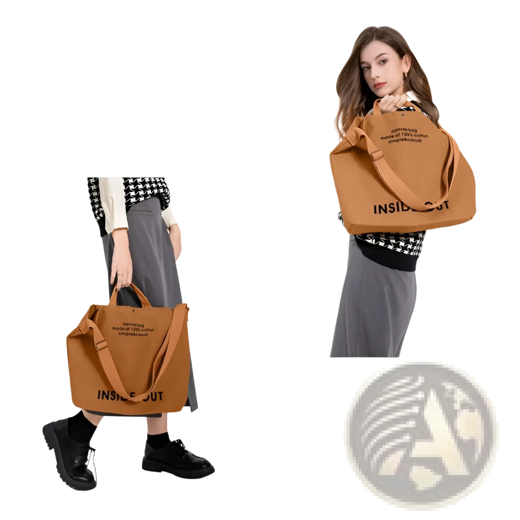 Tan canvas tote bag with black printed text and adjustable shoulder strap high end large capacity design