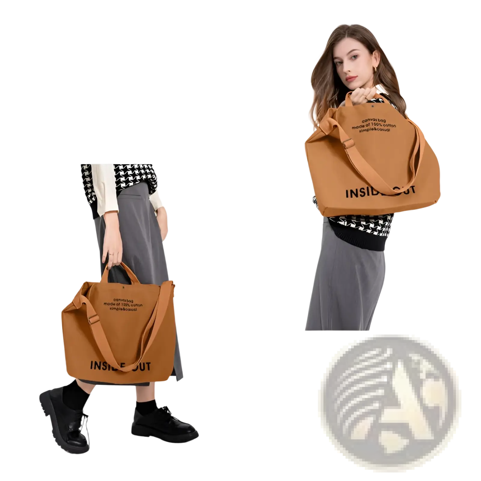 Tan canvas tote bag with black printed text and adjustable shoulder strap high end large capacity design