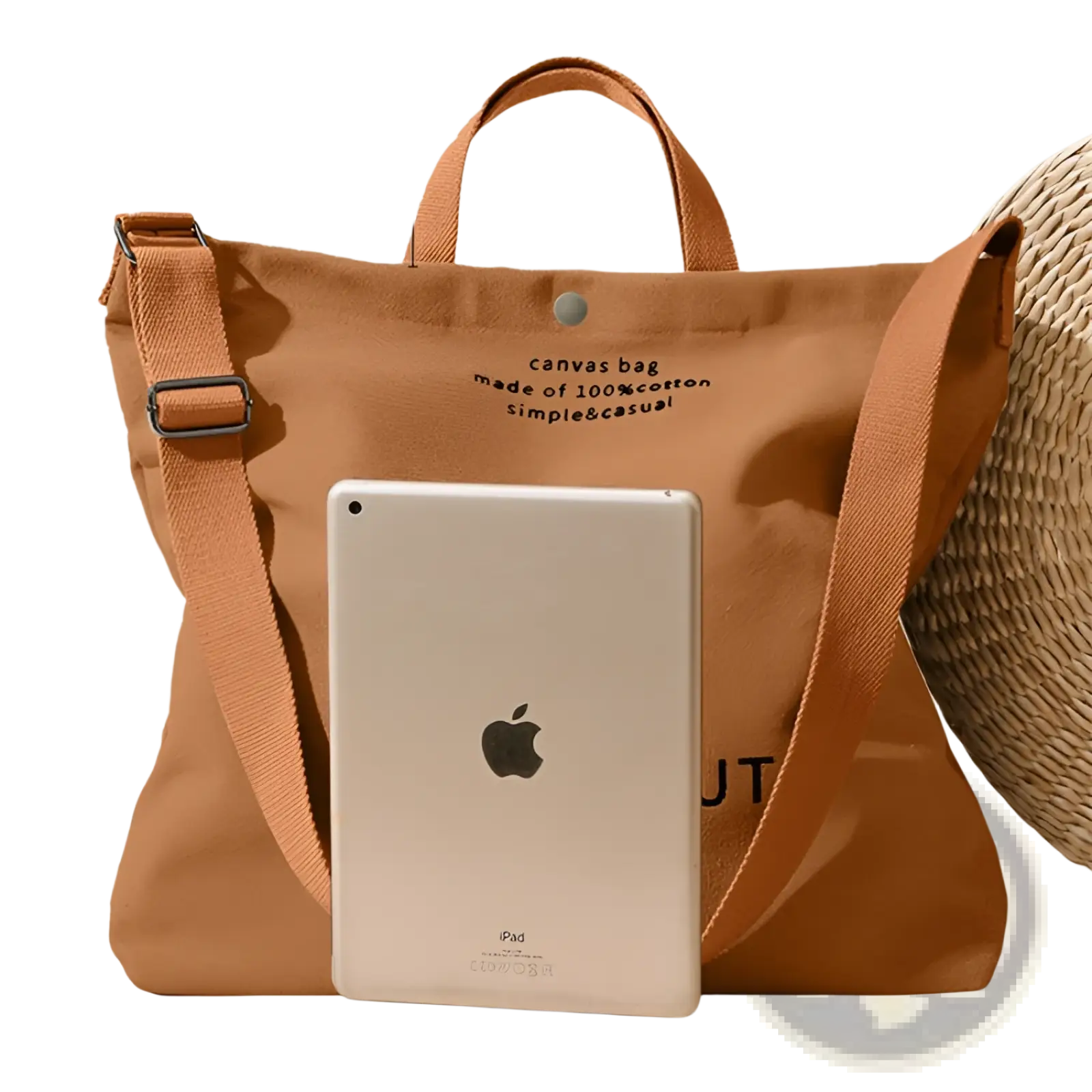 A tan high end large capacity canvas tote bag made of 100 percent cotton with matching handles and detachable strap