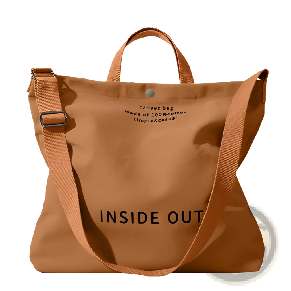 High end large capacity tan canvas tote bag with inside out printed in bold black and adjustable shoulder strap