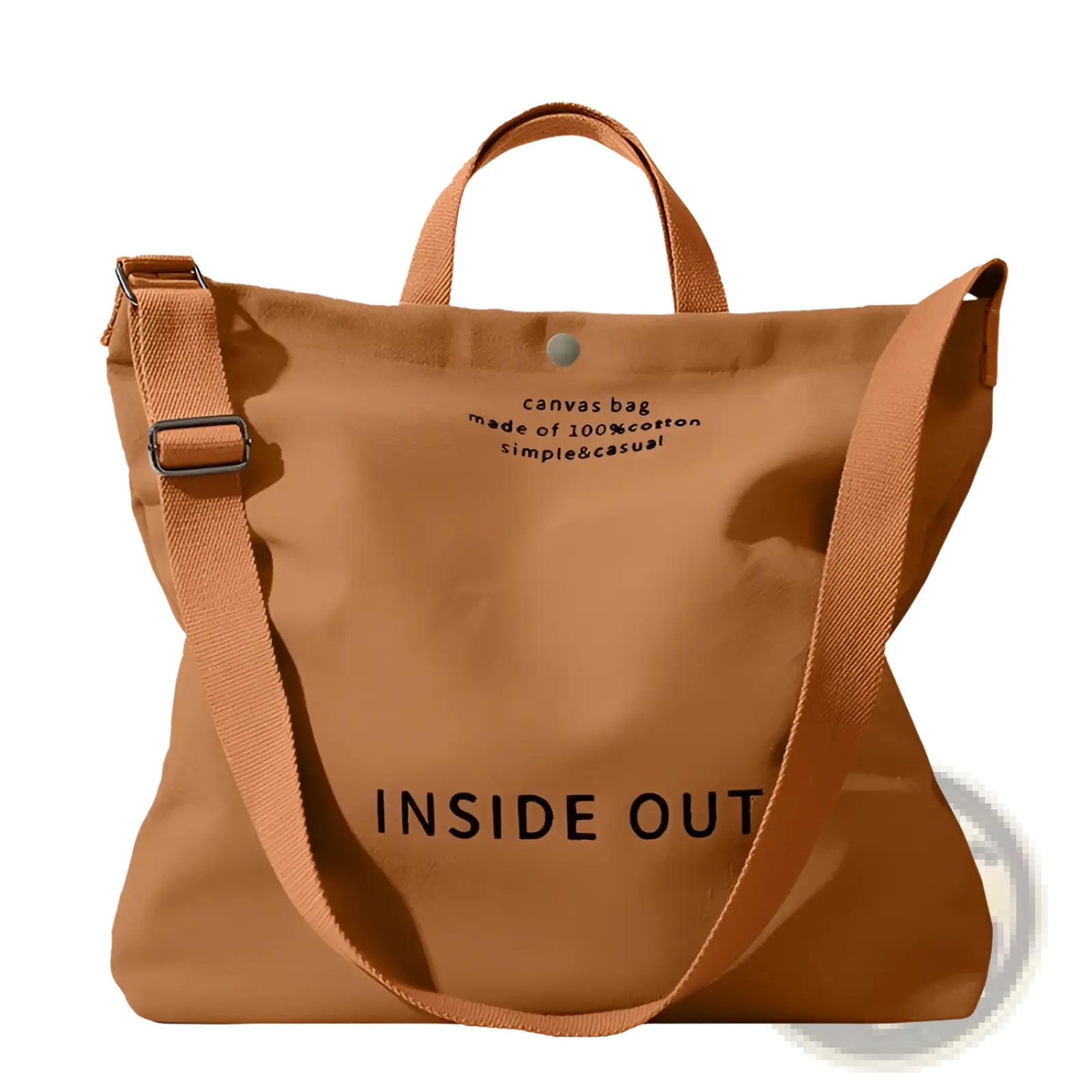 High end large capacity tan canvas tote bag with inside out printed in bold black and adjustable shoulder strap