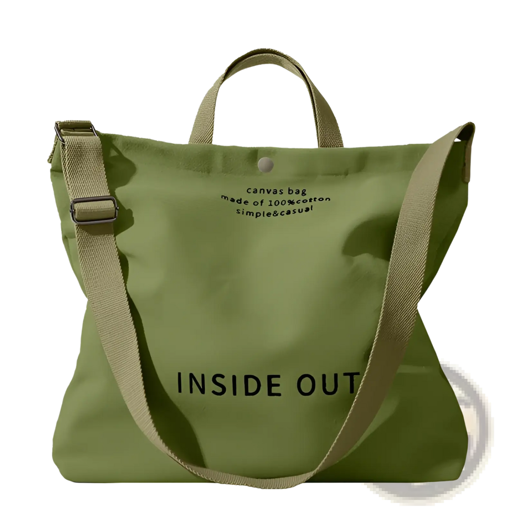 High end large capacity olive green canvas tote bag with matching straps featuring black inside out text on front