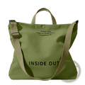 High end large capacity olive green canvas tote bag with matching straps featuring black inside out text on front