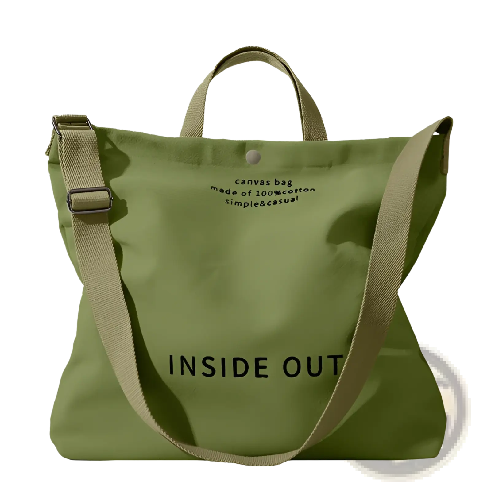 High end large capacity olive green canvas tote bag with matching straps featuring black inside out text on front