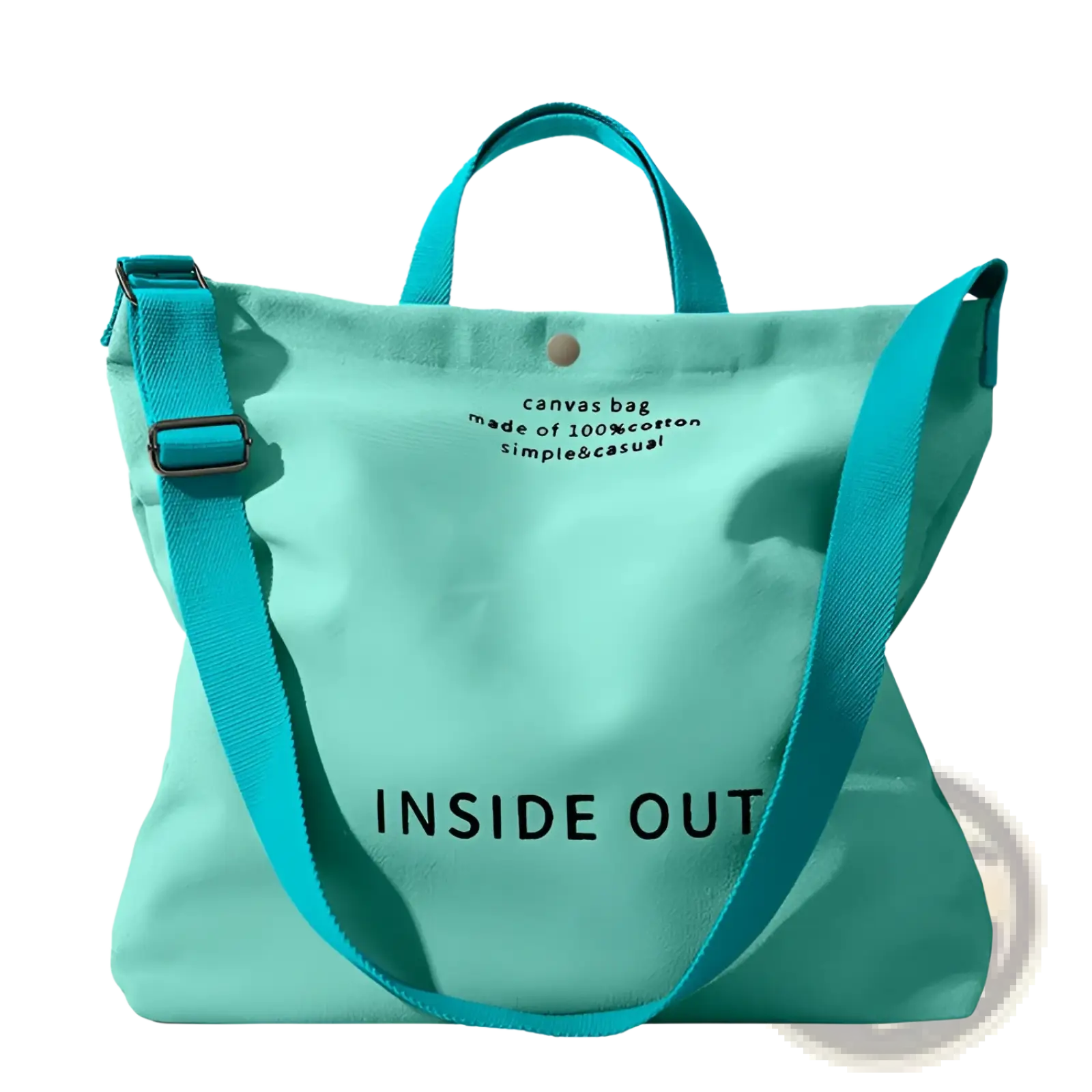 High end large capacity teal canvas tote bag with matching straps and black inside out text on the front