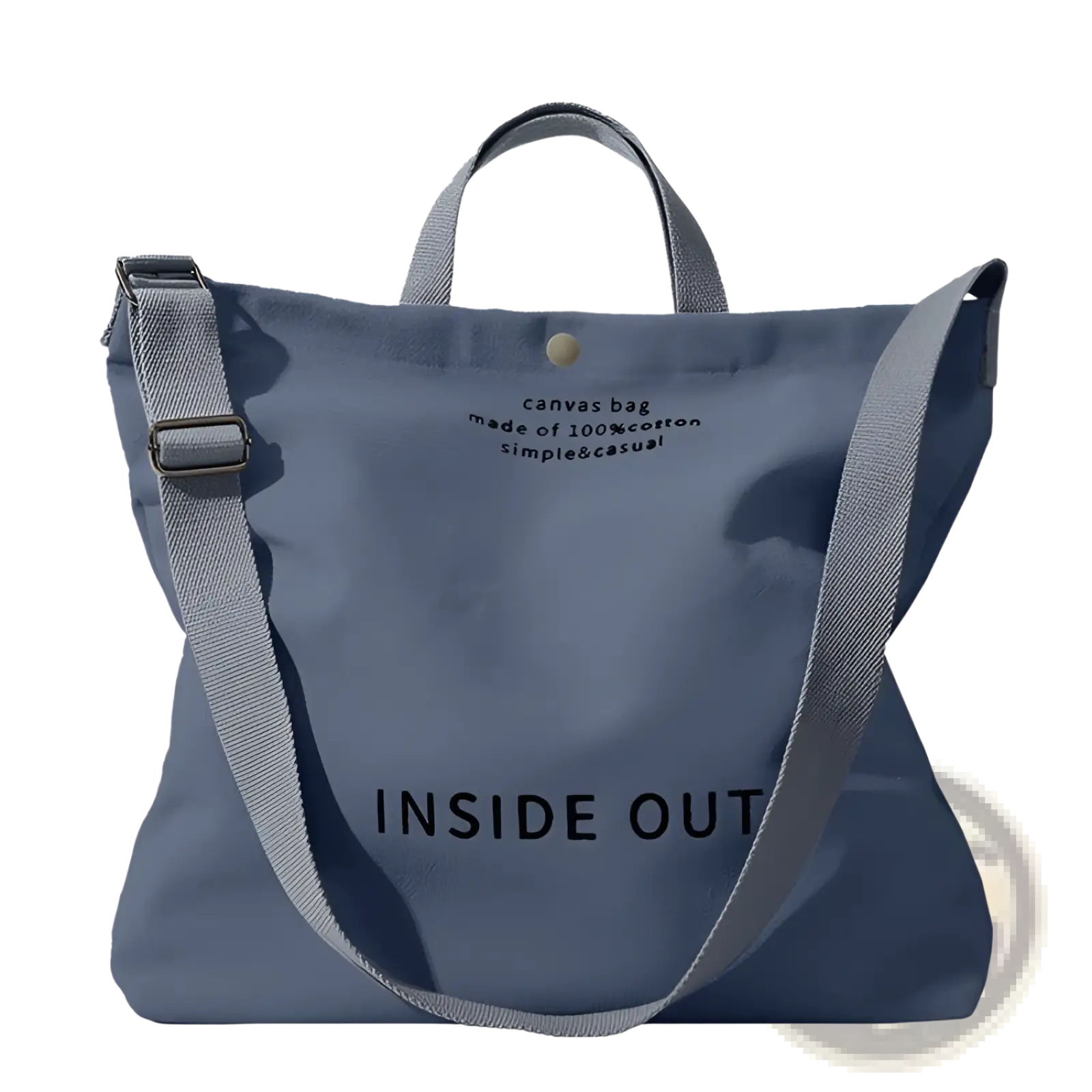 High end large capacity navy blue canvas tote bag with gray straps and front pocket featuring inside out text
