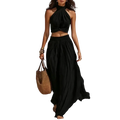 Black halter-neck crop top with twisted front detail paired with high neck halter wide leg pants showing pants length