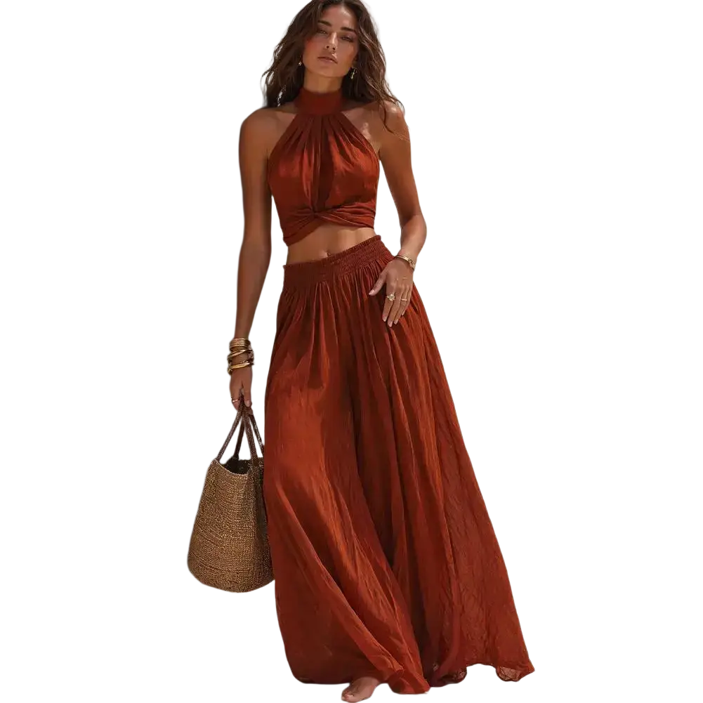Rust-colored satin high neck halter top with twisted front detail in a two piece wide leg pant set clothes length