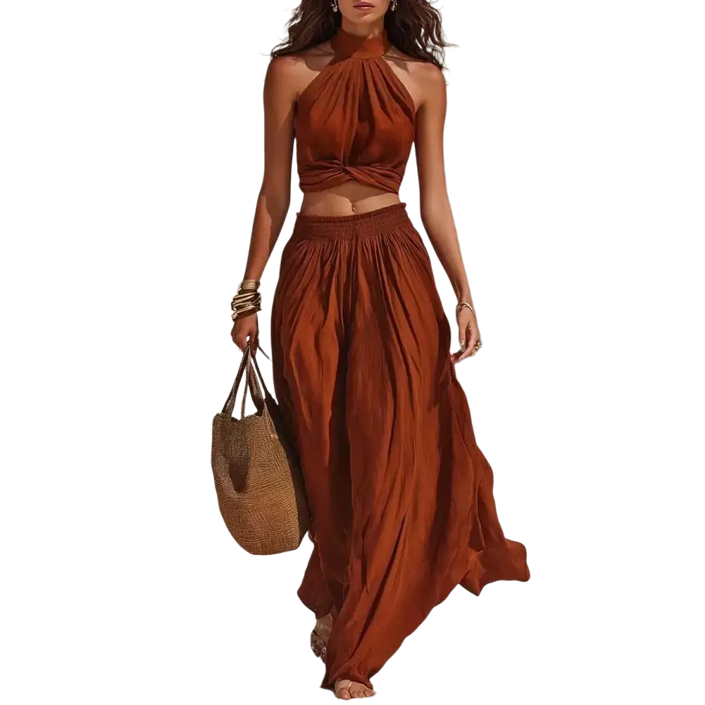 Rust-colored high neck halter 2 piece set with twisted knot top and matching high waisted wide leg pants length