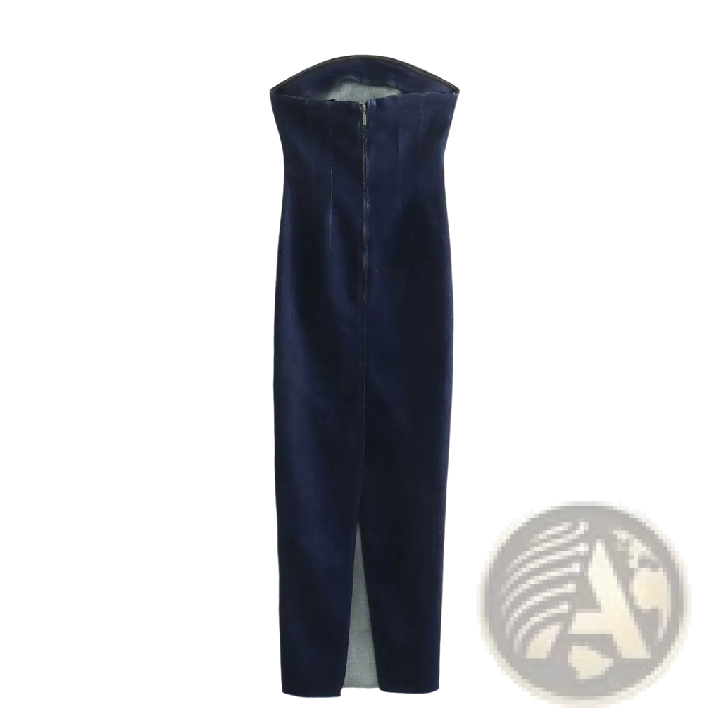 A sleek navy velvet maxi dress with a high neckline and front zipper closure for elegant occasions