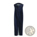 A sleek navy velvet maxi dress with a high neckline and front zipper closure for elegant occasions