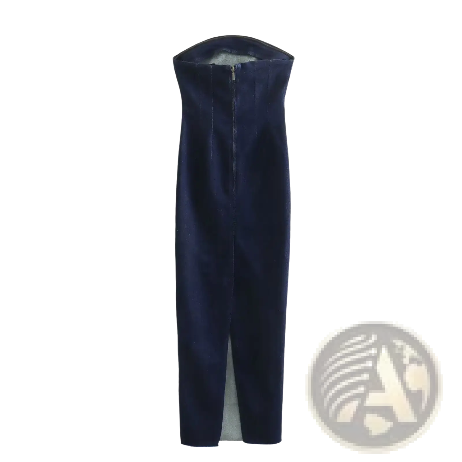 A sleek navy velvet maxi dress with a high neckline and front zipper closure for elegant occasions