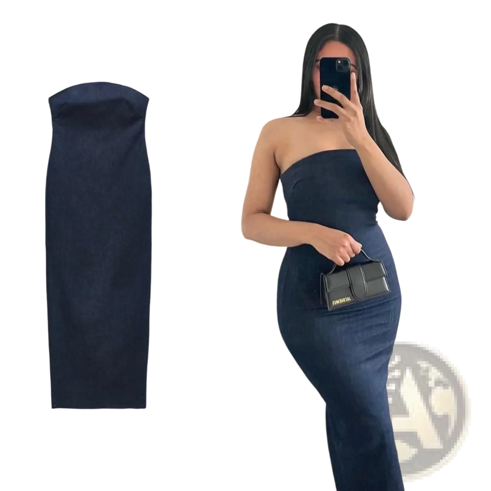 Navy velvet high neck maxi dress with a smooth, strapless, form-fitting silhouette and zip front detail