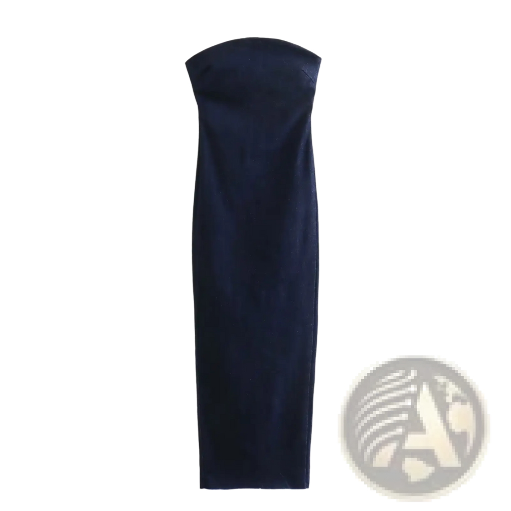 A sleek strapless navy blue dress with a smooth form fitting silhouette made from velvet fabric