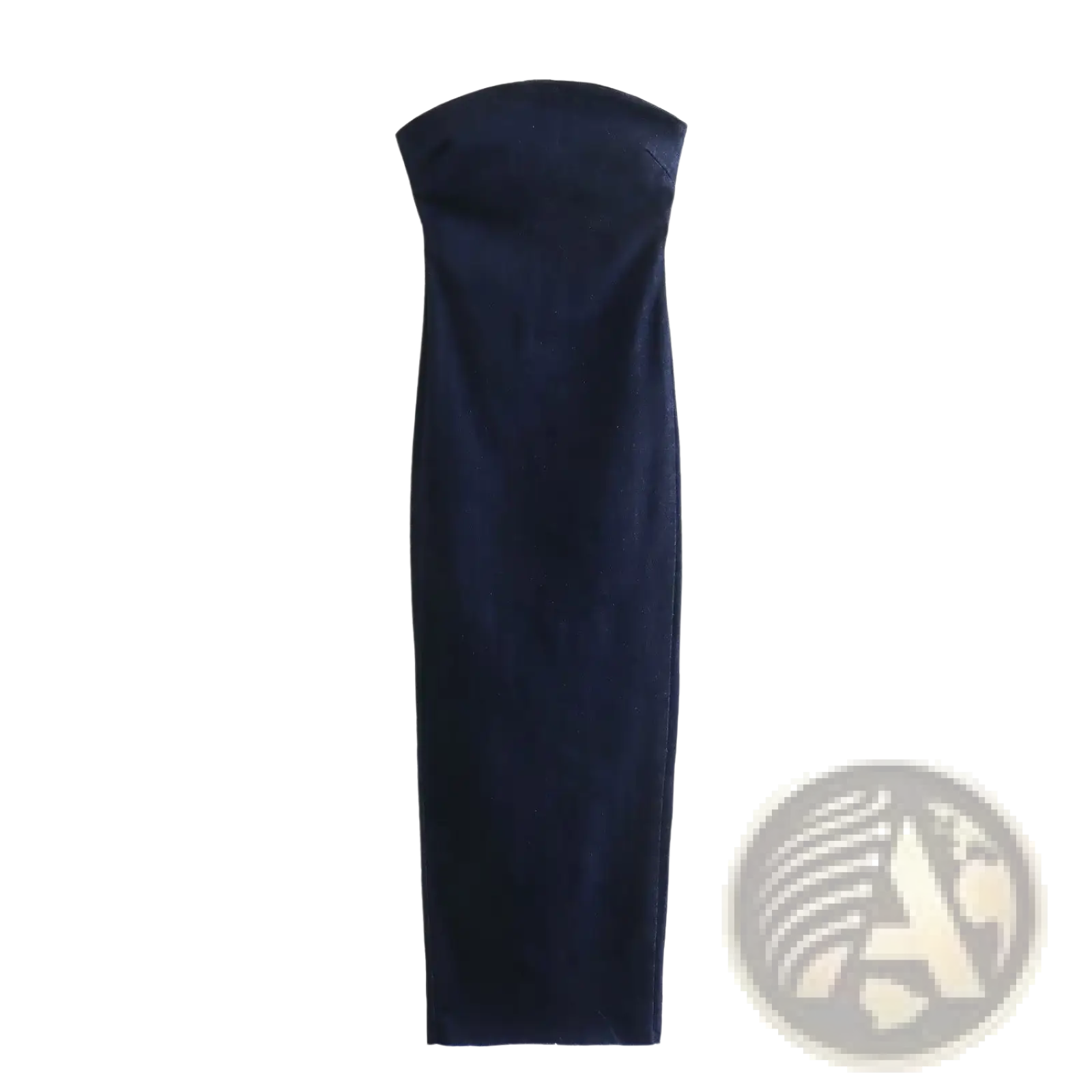 A sleek strapless navy blue dress with a smooth form fitting silhouette made from velvet fabric
