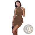 A sleek high neck slim fit brown midi dress with a fitted silhouette and side slit in smooth fabric