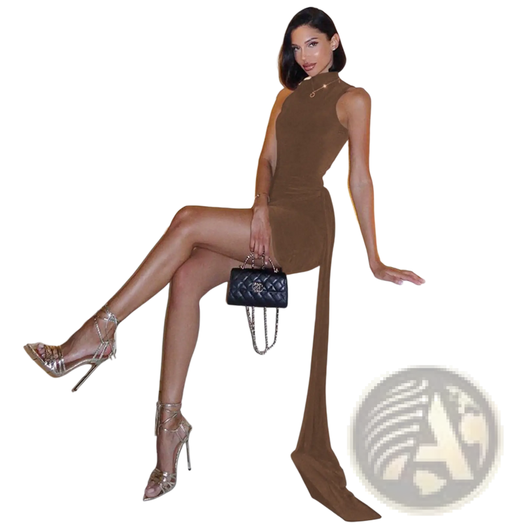 Black quilted leather chanel handbag with gold-tone chain strap shown alongside high neck slim fit brown midi dress with side slit
