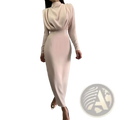 A sleek blush-pink high neck structured long sleeve maxi dress with draped bodice and elegant design