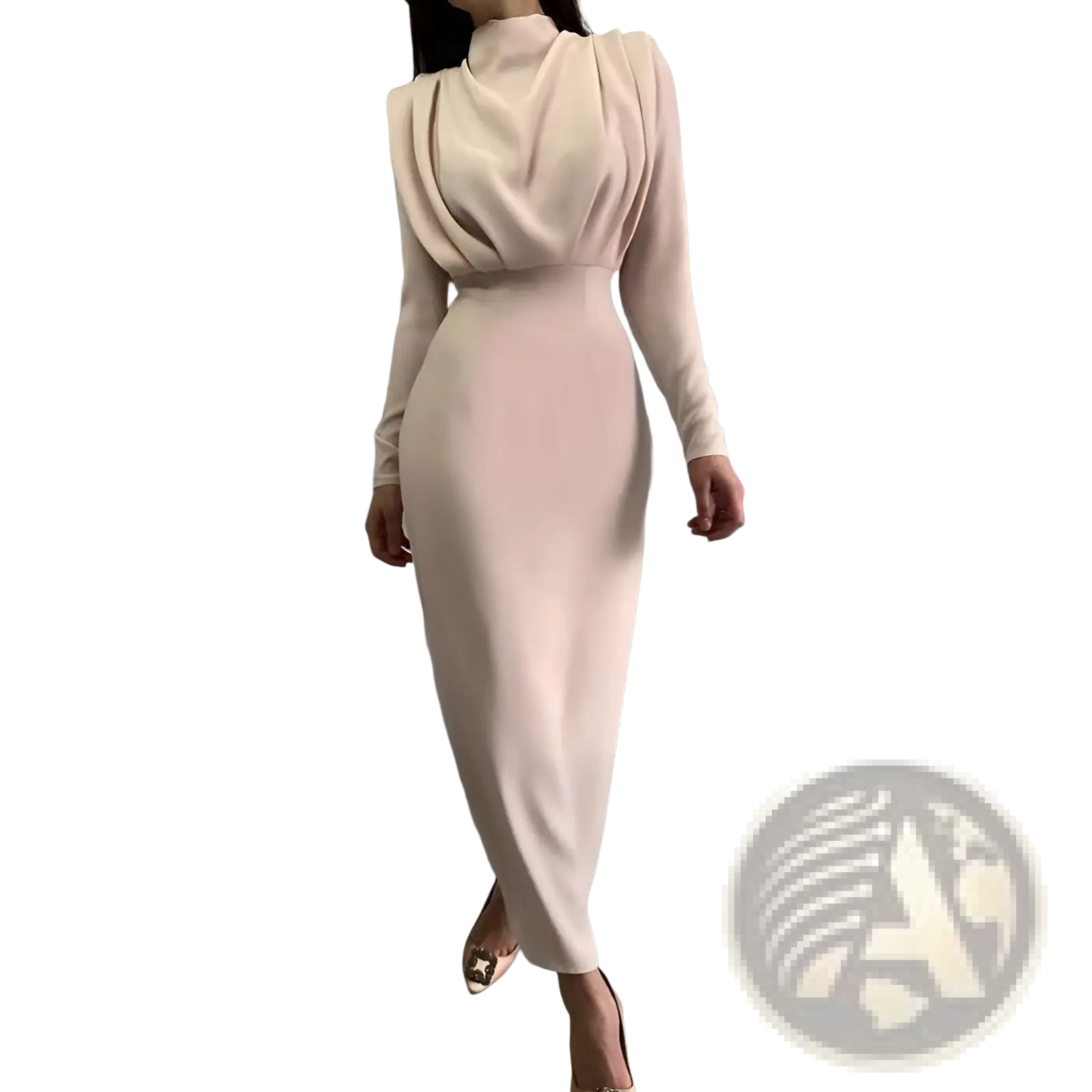 A sleek blush-pink high neck structured long sleeve maxi dress with draped bodice and elegant design
