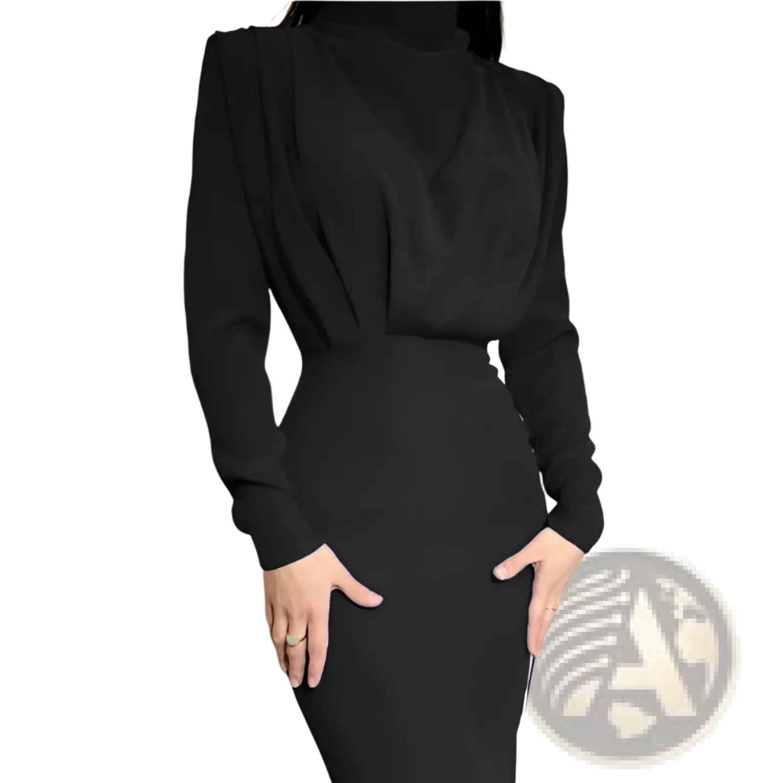 Black fitted long sleeve maxi dress with high neckline and structured shoulders suitable for formal occasions