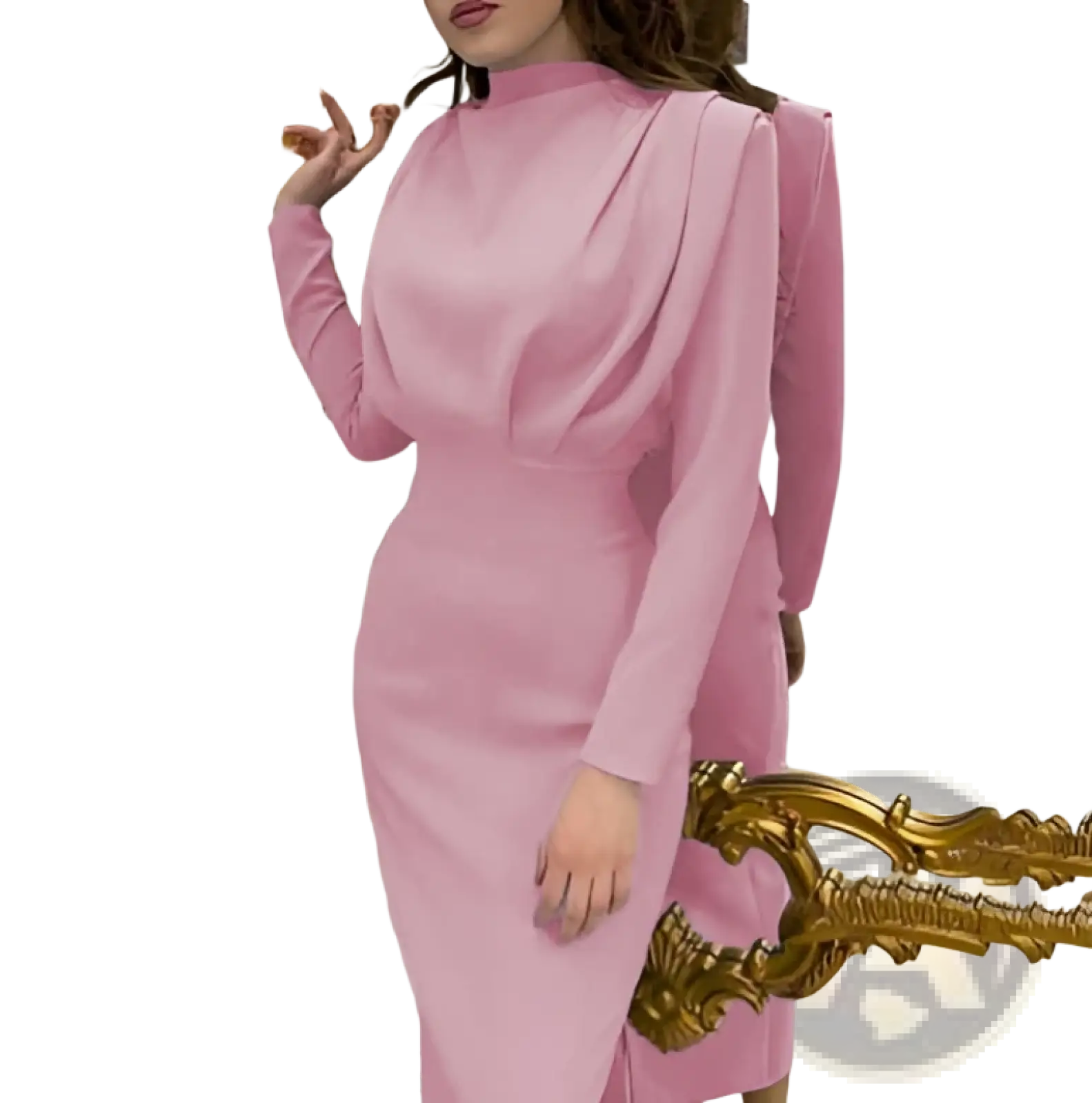 A sleek pink high neck structured long sleeve maxi dress with shoulder detailing made of smooth fabric