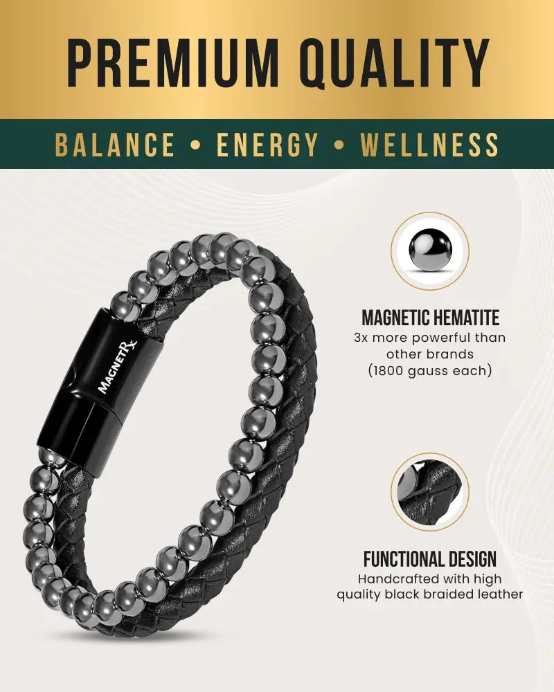 High power hematite and braided leather magnetic bracelet with black braided leather and sleek black clasp