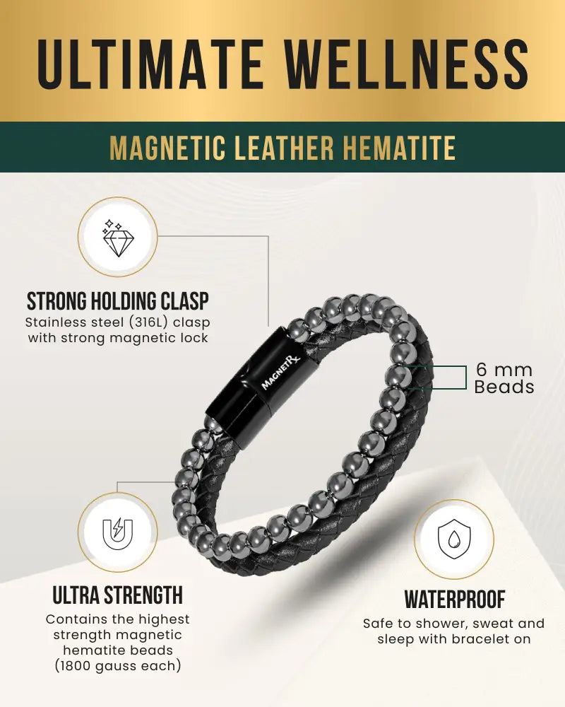 High Power Hematite and braided leather magnetic bracelet with black leather, dark gray beads, and stainless steel clasp