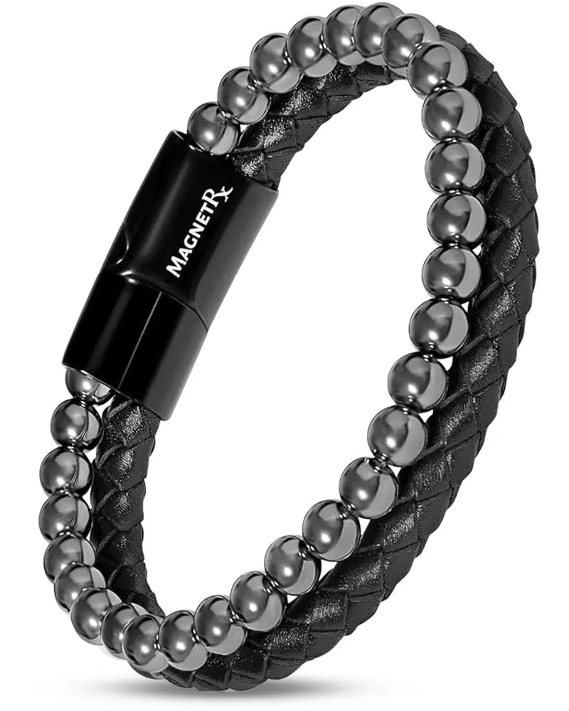 Black braided leather magnetic bracelet with high power hematite beads and metallic spherical accents by magnetr