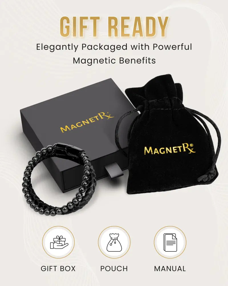 High power hematite and braided leather magnetic bracelet in black beads displayed in an elegant gift set