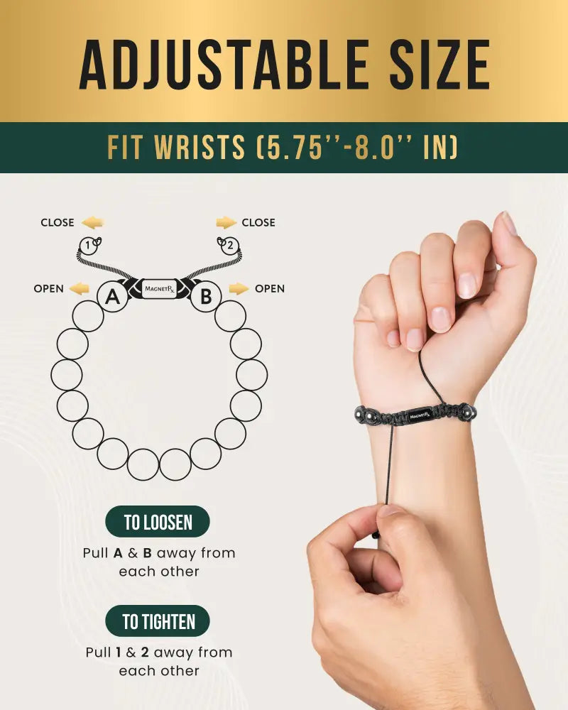Black macrame adjustable High Power Bali magnetic hematite beaded bracelet with magnetic clasp for 5.75 to 8 inch wrists