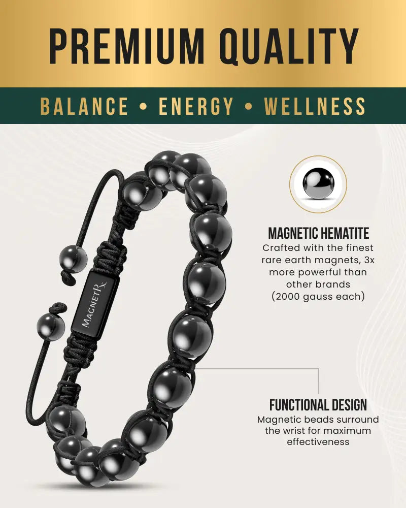 High power bali magnetic hematite beaded bracelet with black hematite beads braided cord and adjustable closure