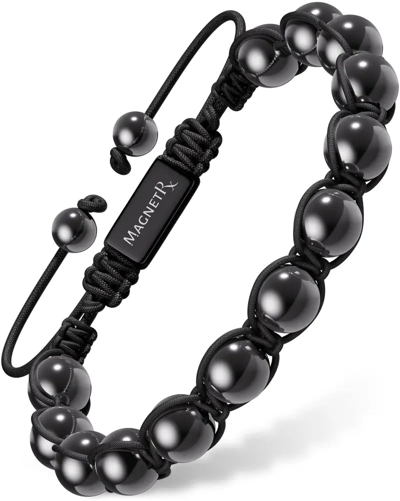 High Power Bali magnetic hematite beaded bracelet in black with polished finish and adjustable cord closure
