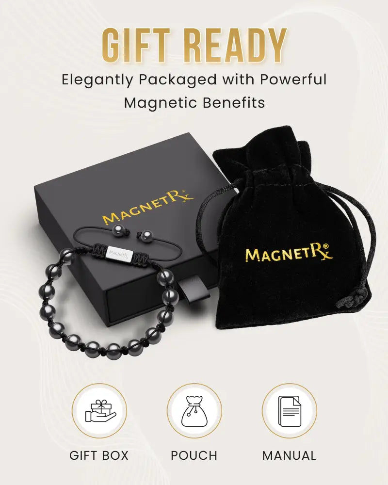 Black magnetic hematite beaded bracelet with silver rectangular clasp in elegant black gift box and velvet pouch
