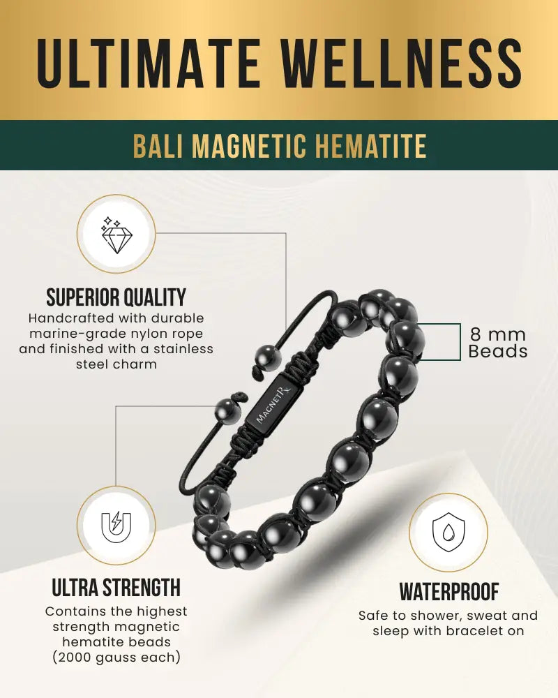 High power bali magnetic hematite bracelet with black 8 mm beads stainless steel charm and marine grade nylon rope