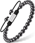 High power black magnetic hematite bracelet with steel magnetix charm and adjustable black cord closure