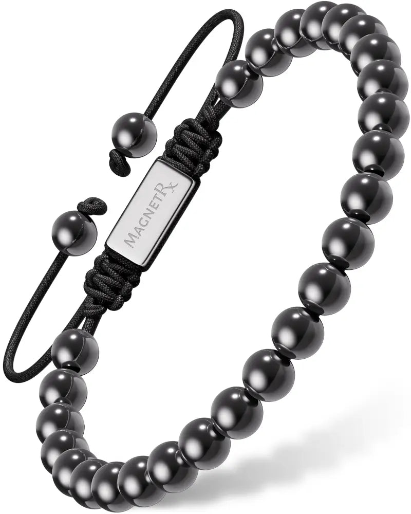 High power black magnetic hematite bracelet with steel magnetix charm and adjustable black cord closure