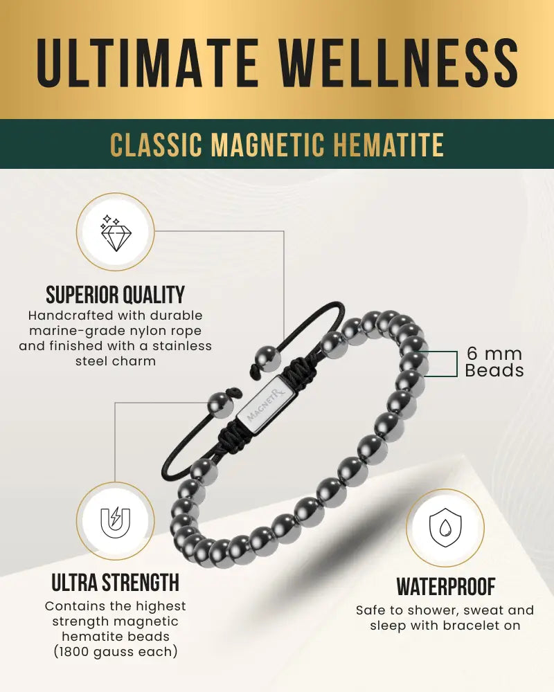 A sleek black and silver high power 6mm magnetic hematite bracelet with stainless steel charm and nylon rope