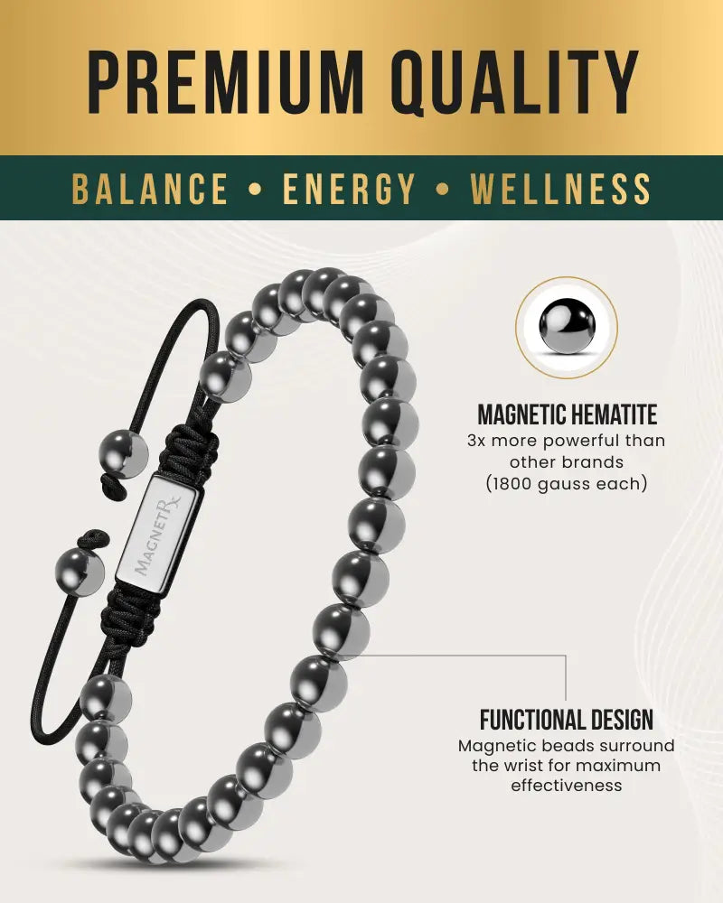 Black cord high power 6mm magnetic hematite bracelet with polished beads and silver steel magnetr engraved charm
